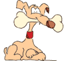 Cartoon of dog with bone, shaking his head and wagging his tail.